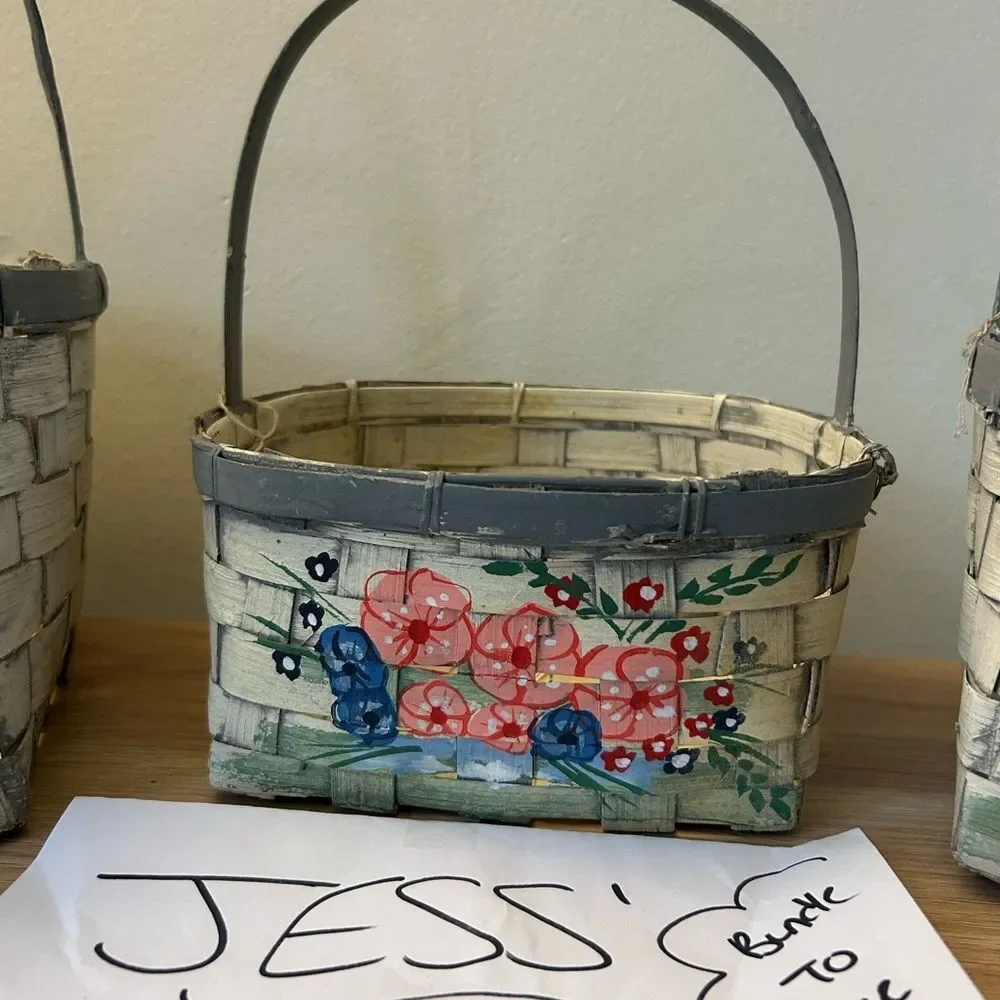 Hand-Painted Floral Woven Basket Tote - Pink & Blue set of 3